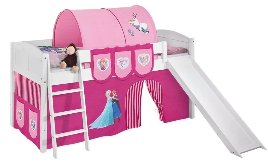 Lit Surélevé Blanc Laqué Toboggan IDA - Rideau Princesses 2 Lit Surélevé Blanc Laqué Toboggan IDA - Rideau Princesses