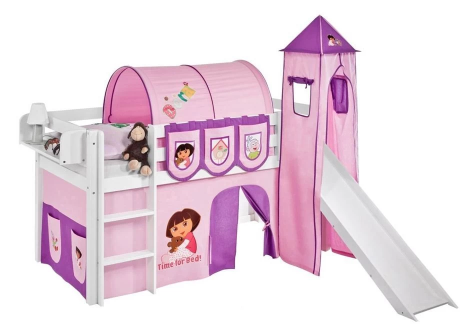 Lit Surélevé Blanc Toboggan Rideau Et Tour Dora 90x190 Cm 3 Lit Surélevé Blanc Toboggan Rideau Et Tour Dora 90x190 Cm