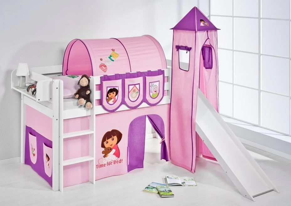 Lit Surélevé Blanc Toboggan Rideau Et Tour Dora 90x190 Cm 4 Lit Surélevé Blanc Toboggan Rideau Et Tour Dora 90x190 Cm – Image 2