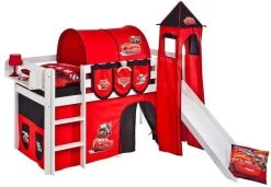 Disney Cars Lit Surélevé Toboggan Blanc Laqué Avec Tour Et Rideau Cars 90x190 Cm