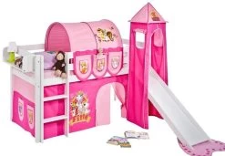 Lit Surélevé Toboggan Blanc Laqué Avec Tour Et Rideau Rose Filly 90x190 Cm